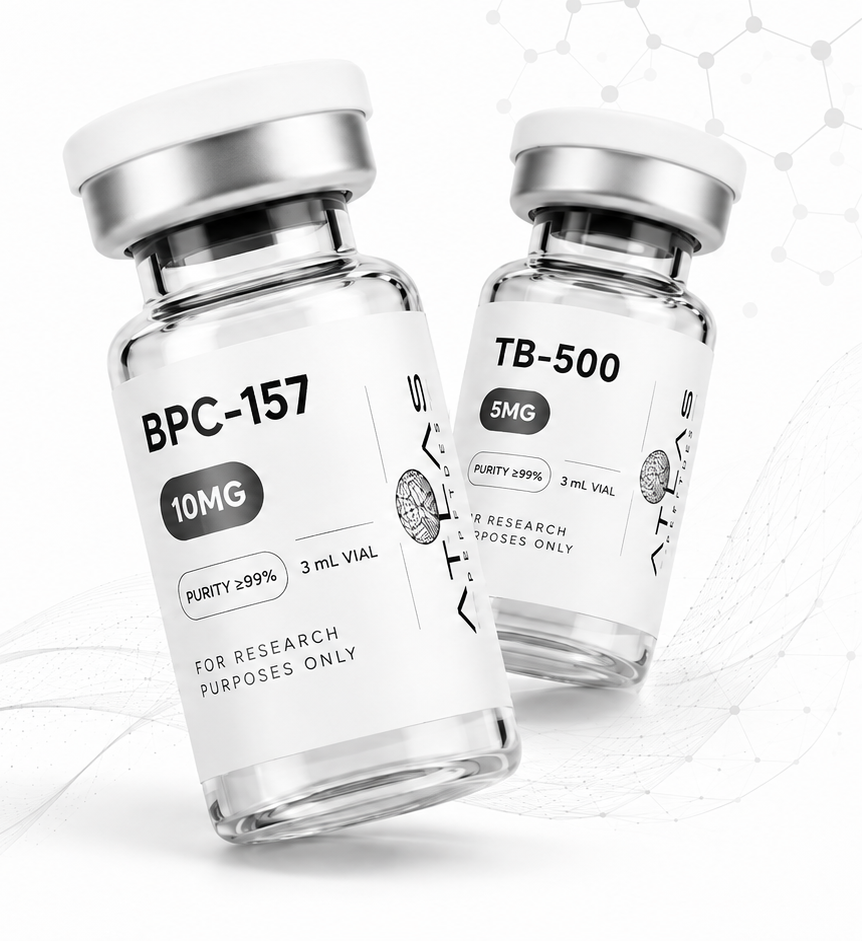 Atlas Peptides research vials featuring BPC-157 10mg and TB-500 5mg — third-party tested research peptides for laboratory use only