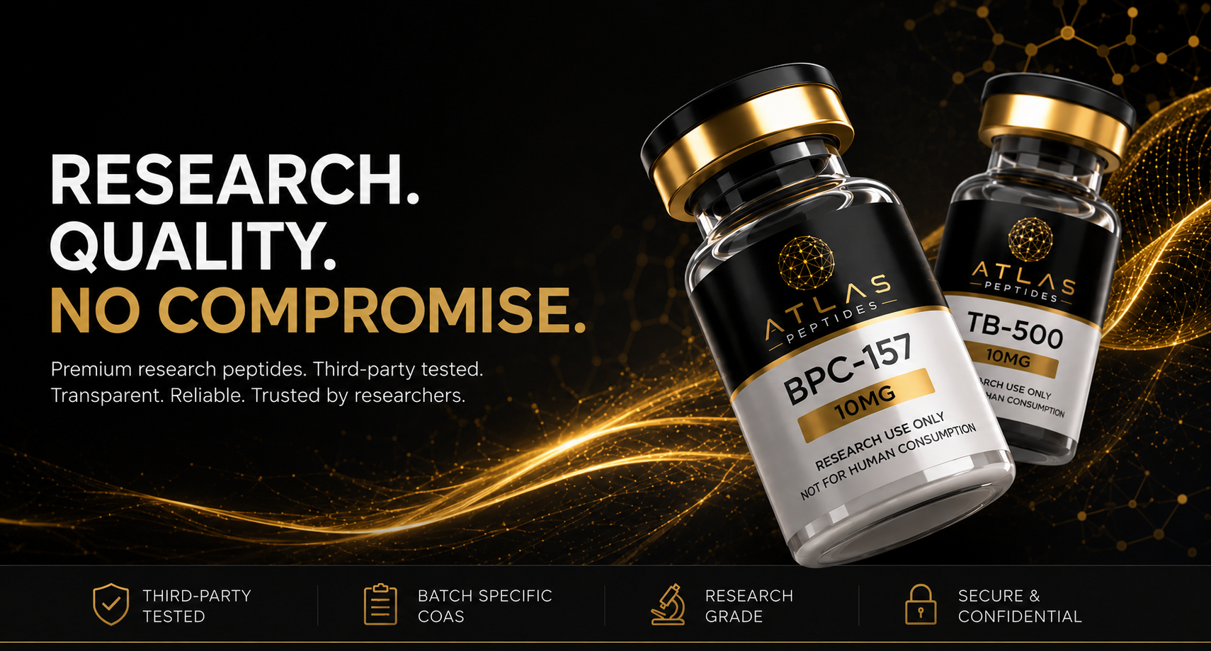 Atlas Peptides BPC-157 and TB-500 research vials — research. quality. no compromise.